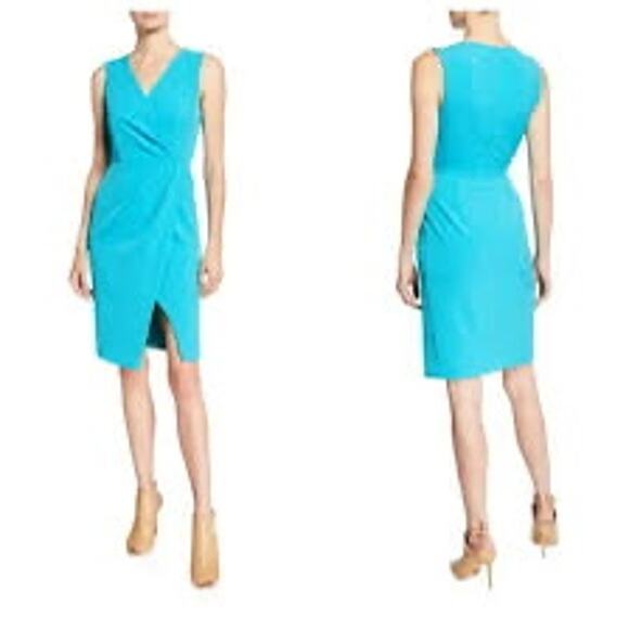 BLACK HALO Nora Teal Blue Sleeveless Sheath Faux Wrap Dress Size 10 - Picture 4 of 10